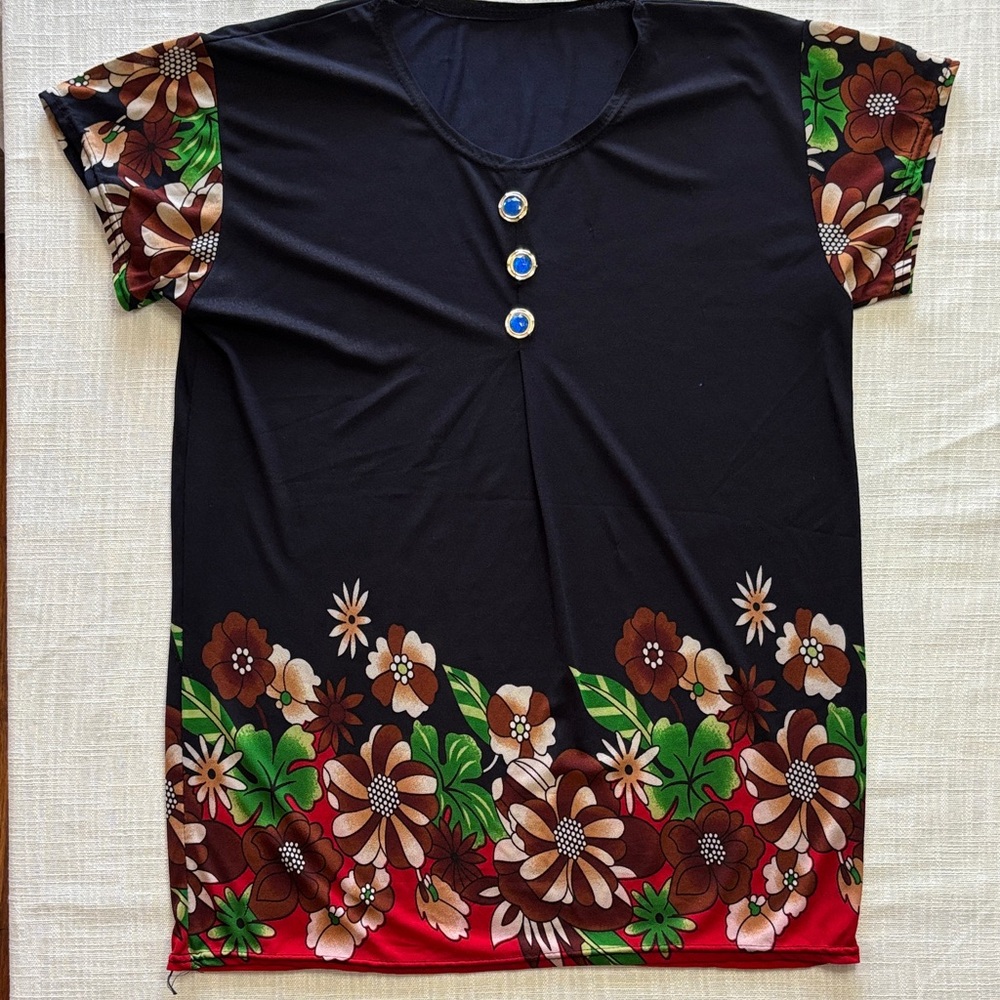 Floral Black Top with Button Accents